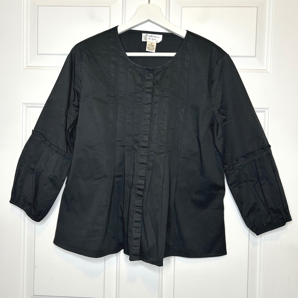 Katherine New York Vintage Black Pleated Front 3/4 Sleeve Button Up‎ Shirt Top M